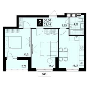 2-к квартира, строящийся дом, 52м2, 12/15 этаж