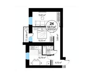 2-к квартира, вторичка, 58м2, 16/18 этаж