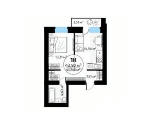 1-к квартира, вторичка, 44м2, 3/18 этаж