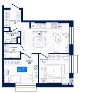 2-к квартира, вторичка, 54м2, 6/19 этаж
