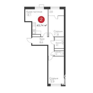 2-к квартира, строящийся дом, 64м2, 2/19 этаж