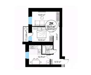 2-к квартира, вторичка, 58м2, 11/18 этаж