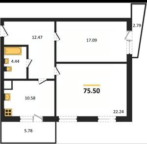 2-к квартира, вторичка, 76м2, 6/16 этаж