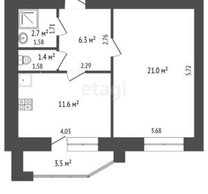1-к квартира, вторичка, 43м2, 4/10 этаж