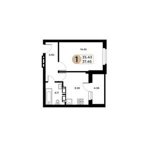 1-к квартира, строящийся дом, 35м2, 2/26 этаж