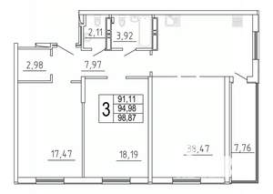 3-к квартира, строящийся дом, 98м2, 11/27 этаж