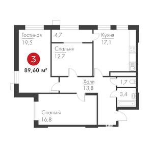 3-к квартира, вторичка, 90м2, 1/19 этаж