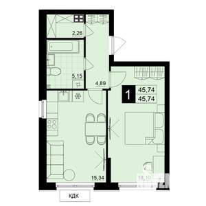 1-к квартира, вторичка, 46м2, 2/15 этаж