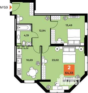 2-к квартира, вторичка, 64м2, 7/23 этаж