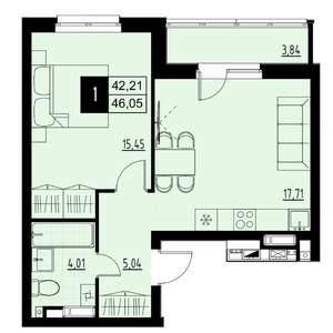 1-к квартира, вторичка, 44м2, 6/18 этаж