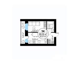 1-к квартира, вторичка, 38м2, 14/18 этаж
