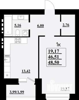 1-к квартира, строящийся дом, 49м2, 3/8 этаж