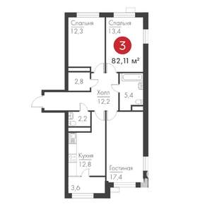3-к квартира, строящийся дом, 82м2, 3/19 этаж
