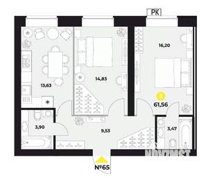 2-к квартира, вторичка, 63м2, 13/16 этаж