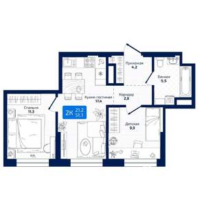 2-к квартира, вторичка, 51м2, 15/19 этаж