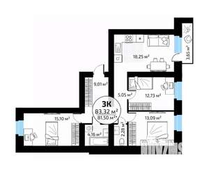3-к квартира, вторичка, 83м2, 16/18 этаж