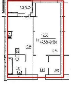 1-к квартира, вторичка, 50м2, 1/10 этаж