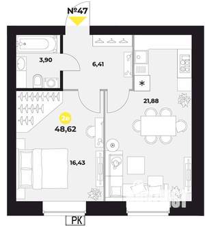 1-к квартира, вторичка, 49м2, 9/16 этаж