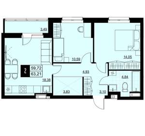 2-к квартира, вторичка, 61м2, 3/18 этаж