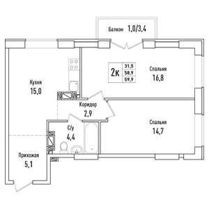 2-к квартира, вторичка, 60м2, 6/6 этаж