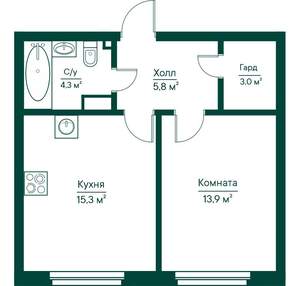 1-к квартира, строящийся дом, 42м2, 2/29 этаж