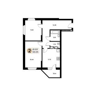 2-к квартира, строящийся дом, 61м2, 2/26 этаж