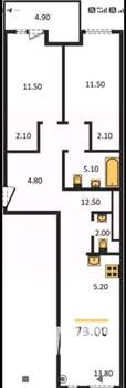 3-к квартира, строящийся дом, 73м2, 6/12 этаж