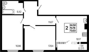 2-к квартира, строящийся дом, 73м2, 14/21 этаж