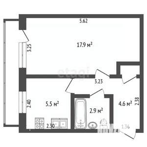 1-к квартира, вторичка, 32м2, 5/5 этаж