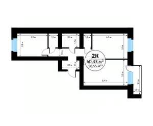 2-к квартира, вторичка, 60м2, 5/18 этаж