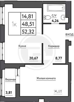 1-к квартира, вторичка, 52м2, 8/24 этаж