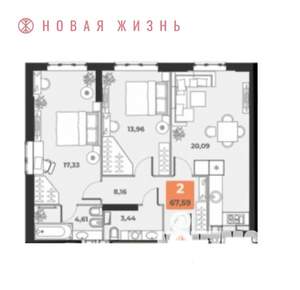 2-к квартира, вторичка, 67м2, 23/23 этаж