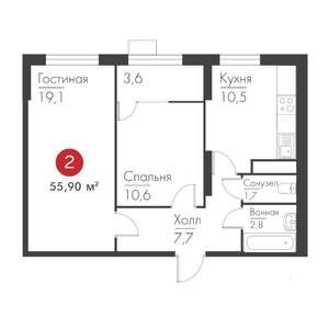 2-к квартира, строящийся дом, 56м2, 10/19 этаж