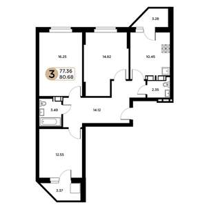 3-к квартира, строящийся дом, 81м2, 25/26 этаж