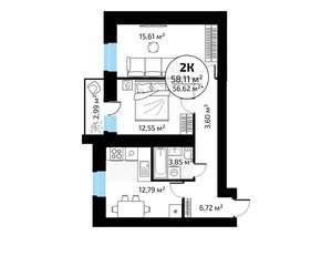 2-к квартира, вторичка, 58м2, 13/18 этаж