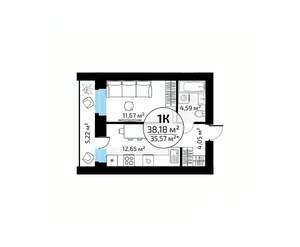 1-к квартира, вторичка, 38м2, 17/18 этаж