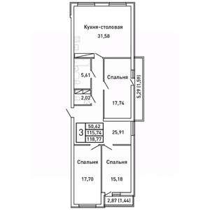 3-к квартира, вторичка, 119м2, 23/25 этаж