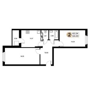 2-к квартира, строящийся дом, 62м2, 2/26 этаж