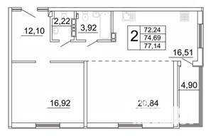 2-к квартира, строящийся дом, 78м2, 22/27 этаж