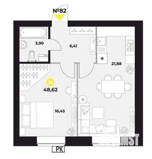 1-к квартира, вторичка, 48м2, 16/16 этаж