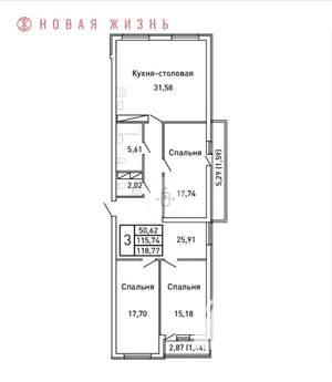 3-к квартира, вторичка, 119м2, 19/25 этаж