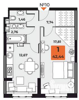 1-к квартира, вторичка, 42м2, 3/23 этаж