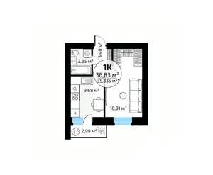 1-к квартира, вторичка, 37м2, 17/18 этаж