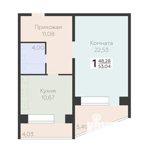 1-к квартира, строящийся дом, 53м2, 8/10 этаж