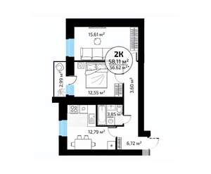 2-к квартира, вторичка, 58м2, 7/18 этаж