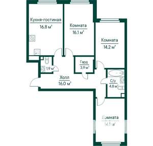 3-к квартира, строящийся дом, 88м2, 2/29 этаж