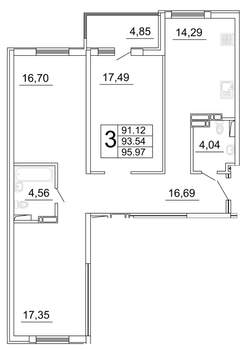 3-к квартира, строящийся дом, 96м2, 3/27 этаж