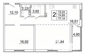 2-к квартира, строящийся дом, 78м2, 22/27 этаж