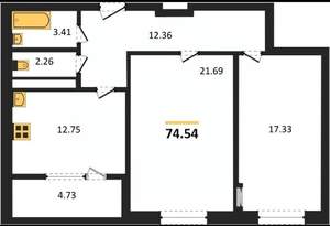 2-к квартира, вторичка, 75м2, 1/19 этаж
