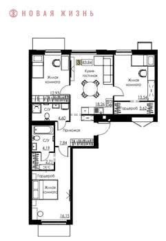 3-к квартира, вторичка, 84м2, 3/8 этаж